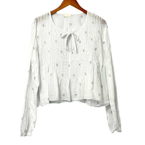 CP Shades Lighweight White Cotton Blouse Long Sleeve Boxy Tie V-Neck EUC Size M? - Picture 1 of 7
